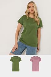 LTS Tall 2 PACK Women's Olive Green & Pink Marl Cotton T-Shirt | Long Tall Sally 3