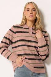 LTS Tall Women's Pink Stripe Knitted Polo Jumper | Long Tall Sally 3