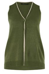 YOURS Curve Khaki Green Contrast Trim Knitted Waistcoat