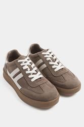 Brown Faux Suede Side Stripe Trainers In Wide E Fit