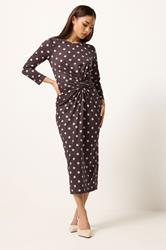 PixieGirl Petite Women's Chocolate Brown Polka Dot Twist Front Midi Dress | PixieGirl 2