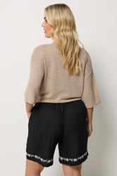 YOURS Plus Size Black Floral Embroidered Hem Shorts | Yours Clothing 2