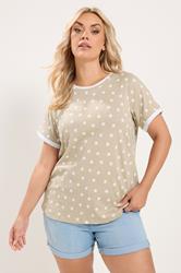 YOURS Plus Size Mocha Brown Spot Contrast Sleeve T-Shirt | Yours Clothing 3