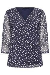 M&Co Navy Blue Polka Dot Mesh Sleeve Wrap Top