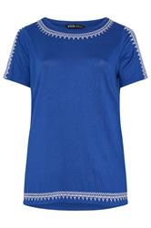 YOURS Plus Size Blue Embroidered Cold Shoulder T-Shirt | Yours Clothing 5