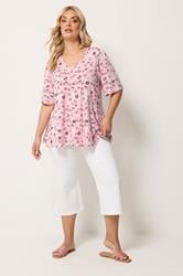 YOURS Plus Size Pink Floral Pleat Angel Sleeve Swing Top | Yours Clothing 1