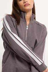 PixieGirl Petite Women's Set Purple Stripe Quarter Zip Sweatshirt & Wide Leg Joggers | PixieGirl 1
