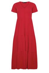 M&Co Petite Red Notch Neck Tiered Cotton Maxi Dress