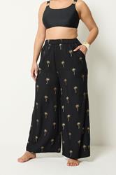 YOURS Plus Size Black Foil Palm Tree Beach Trousers | Yours Clothing 1
