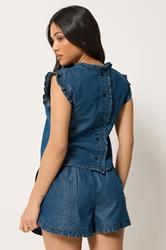 PixieGirl Petite Women's Blue Frill Button Denim Vest | PixieGirl 2