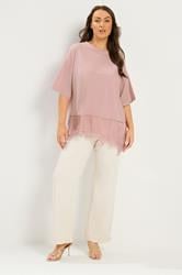 YOURS Plus Size Pink Satin Lace Trim T-Shirt | Yours Clothing 1