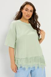 YOURS Plus Size Green Satin Lace Trim T-Shirt | Yours Clothing 3