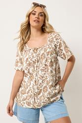 YOURS Plus Size Natural Brown Paisley Tie Neck Blouse | Yours Clothing 1