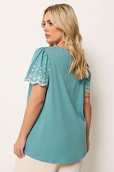 YOURS Plus Size Green Embroidered Sleeve T-Shirt | Yours Clothing 2