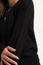 PixieGirl Petite Women's Black Crochet Bomber Cardigan | PixieGirl 4