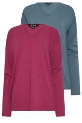 LTS Tall Women's 2 Pack Pink & Blue V-Neck Long Sleeve Cotton T-Shirts | Long Tall Sally 6