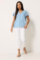 M&Co Petite Blue Cotton Frill Sleeve Shirt | M&Co 1