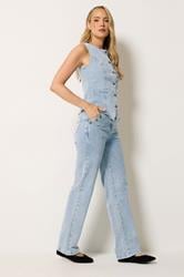LTS Tall Women's Light Blue Button Detail Straight Leg Jeans | Long Tall Sally 3