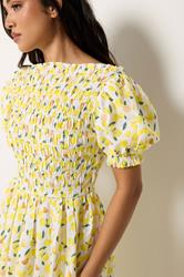 PixieGirl Petite Women's Yellow Lemon Shirred Midi Dress | PixieGirl 4