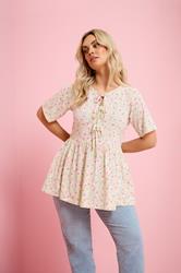 YOURS Plus Size Ivory White Floral Bow Front Peplum Top | Yours Clothing 1