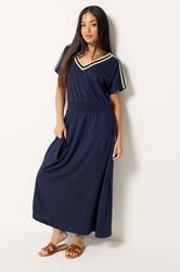 M&Co Petite Navy Blue Woven Trim Detail Cotton Maxi Dress | M&Co 1