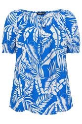 YOURS blusa azul oscuro con estampado de hojas de palmera y lazada al cuello