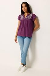 M&Co Petite Berry Purple Embroidered Cotton Notch Neck Top | M&Co  1
