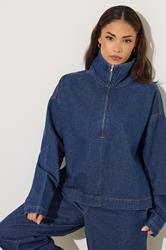 PixieGirl Petite Women's Dark Blue Denim Quarter Zip Cotton Top | PixieGirl 4