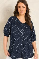 EVANS Curve Navy Blue Polka Dot Cotton Top | Evans 3