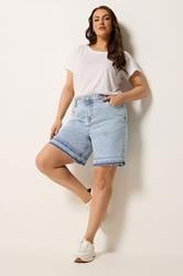 YOURS Plus Size Blue Hem Detail Denim Shorts | Yours Clothing 1