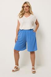 YOURS Plus Size Blue Elasticated Waistband Textured Shorts | Yours Clothing 1