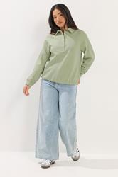 PixieGirl Petite Women's Sage Green Button Collar Sweatshirt | PixieGirl 4