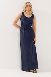 LTS Tall Women's Dark Blue Tie Waist Cotton Maxi Dress | Long Tall Sally 3