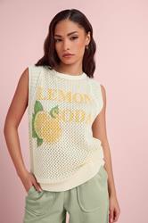 PixieGirl Petite Women's Ivory White Lemon Graphic Crochet Vest Top | PixieGirl 3