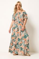 YOURS Plus Size Cream Leaf Tie Neck Bardot Maxi Dress | Yours Clothing 2