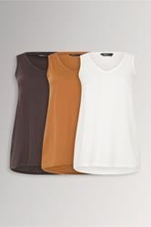 YOURS 3 PACK Plus Size Chocolate Brown & Rust Orange V-Neck Vest Tops | Yours Clothing 3