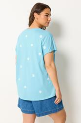YOURS Plus Size Light Blue Embroidered Daisy T-Shirt | Yours Clothing 2
