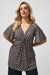 YOURS LONDON Plus Size Chocolate Brown Polka Dot Knot Front Top | Yours Clothing 3