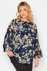 YOURS Plus Size Curve Blue Floral Bell Sleeve Blouse
