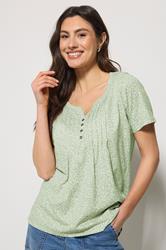 M&Co Sage Green Ditsy Floral Cotton Henley Top | M&Co 3