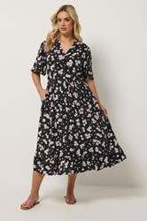 YOURS Plus Size Black Ditsy Half Placket Midi Dress | Yours Clothing 1
