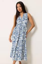 M&Co Petite Blue Leaf Print Sleeveless Cotton Midi Dress | M&Co 3