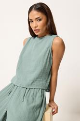 PixieGirl Petite Women's Sage Green Cotton Cheesecloth Button Top | PixieGirl 1