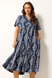 YOURS Plus Size Navy Blue Paisley Tiered Midi Dress | Yours Clothing 3
