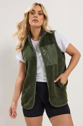 YOURS Plus Size Khaki Green Borg Zip Pocket Gilet | Yours Clothing 1