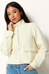 PixieGirl Petite Women's Lemon Yellow Funnel Neck Denim Jacket | PixieGirl 3