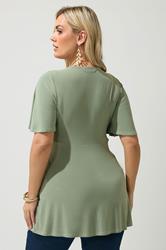 YOURS LONDON Plus Size Sage Green Knot Detail Front Short Sleeve Top | Yours Clothing 2