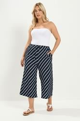 YOURS Plus Size Navy Blue Striped Crinkle Culottes | Yours Clothing 1