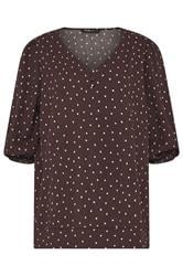 YOURS Curve Chocolate Brown Polka Dot Puff Sleeve Top