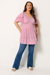 YOURS Plus Size Pink Ditsy Print Flutter Sleeve Top | Yours Clothing 1